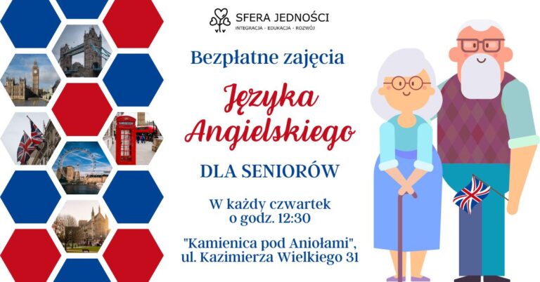 plakat bezpłatnych zajęć z języka angielskiego dla seniorów